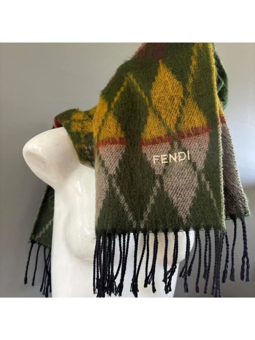 Vintage Scarf Fendi Italy Wool Green Yellow Argyle Plaid Designer Fringe Warm